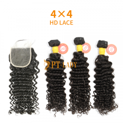 HD Lace Raw Human Hair Bundle with 4×4 Closure Deep Curly