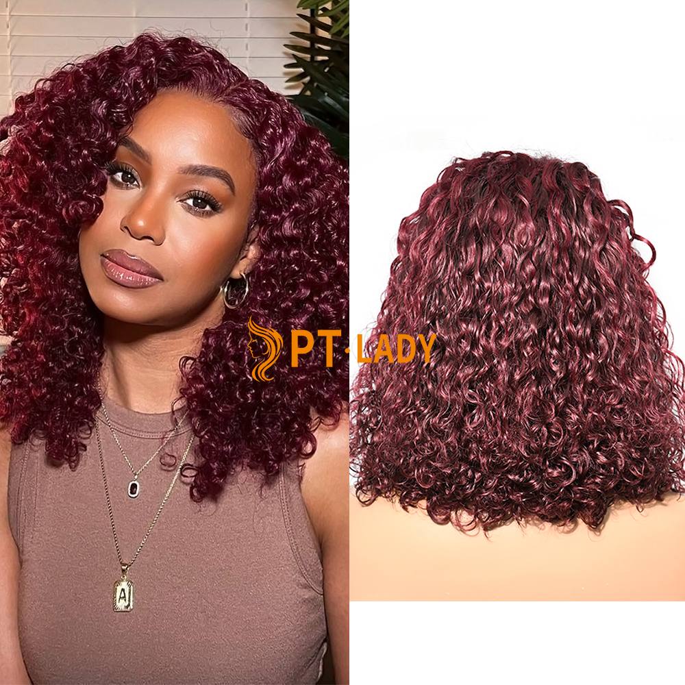 Indian Curly 99j Color Transparent Lace 13X4 Bob Wig